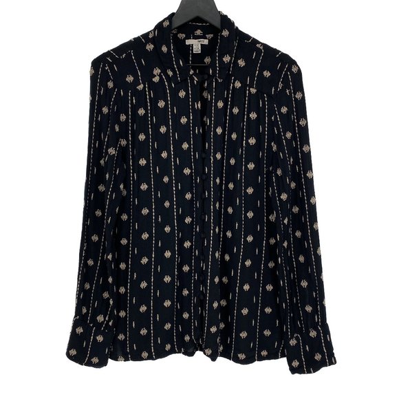 AMUSE SOCIETY Black Cream Embroidered Keyhole Long Sleeve Blouse Size M - Picture 1 of 15
